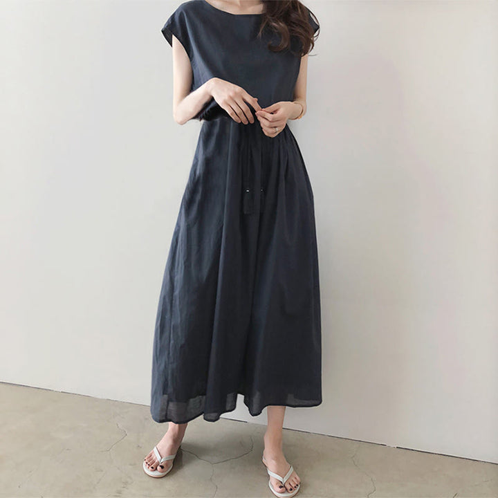 Buddha Stones Casual Eastic Waist Drawstring Design Short Sleeve Cotton Linen Midi Dress