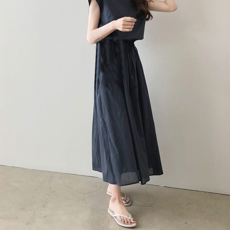 Buddha Stones Casual Eastic Waist Drawstring Design Short Sleeve Cotton Linen Midi Dress