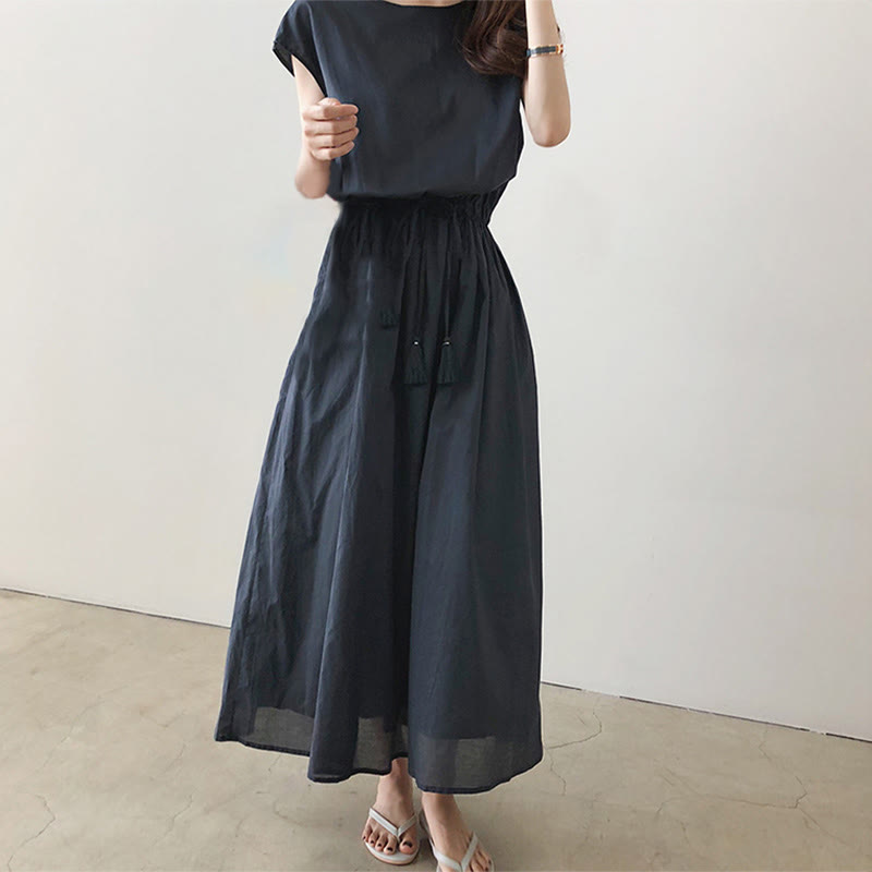 Buddha Stones Casual Eastic Waist Drawstring Design Short Sleeve Cotton Linen Midi Dress