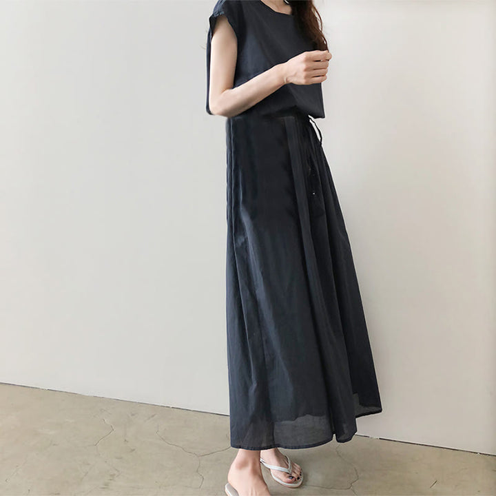 Buddha Stones Casual Eastic Waist Drawstring Design Short Sleeve Cotton Linen Midi Dress