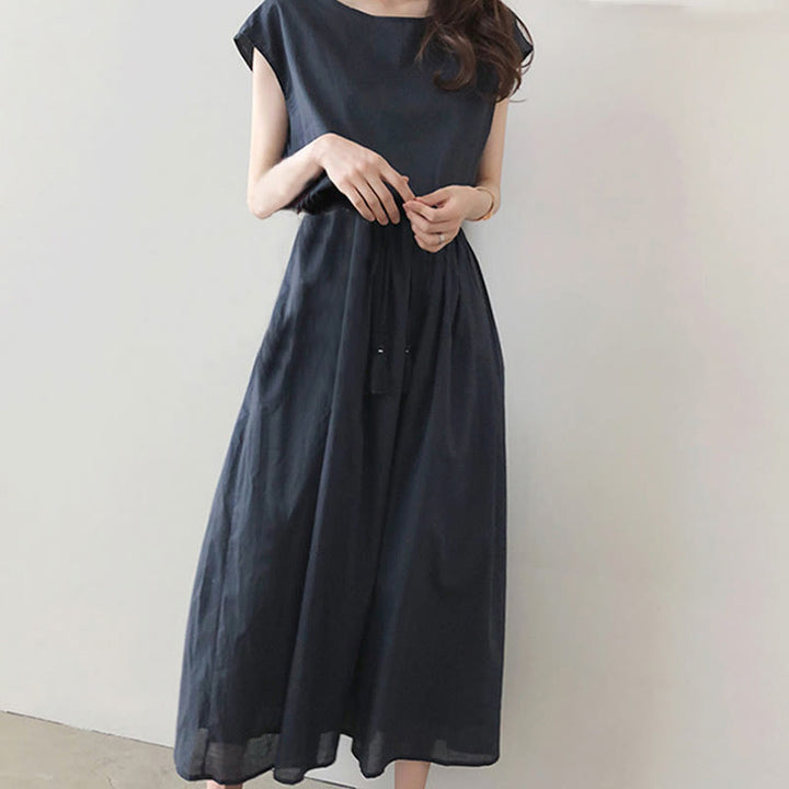 Buddha Stones Casual Eastic Waist Drawstring Design Short Sleeve Cotton Linen Midi Dress
