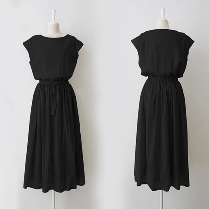 Buddha Stones Casual Eastic Waist Drawstring Design Short Sleeve Cotton Linen Midi Dress
