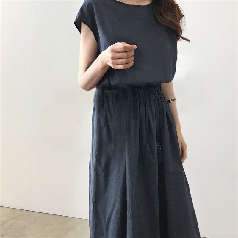 Buddha Stones Casual Eastic Waist Drawstring Design Short Sleeve Cotton Linen Midi Dress