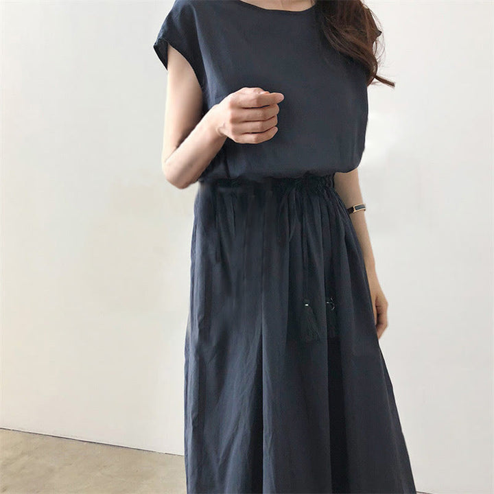 Buddha Stones Casual Eastic Waist Drawstring Design Short Sleeve Cotton Linen Midi Dress