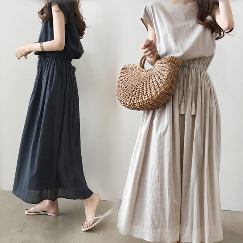 Buddha Stones Casual Eastic Waist Drawstring Design Short Sleeve Cotton Linen Midi Dress