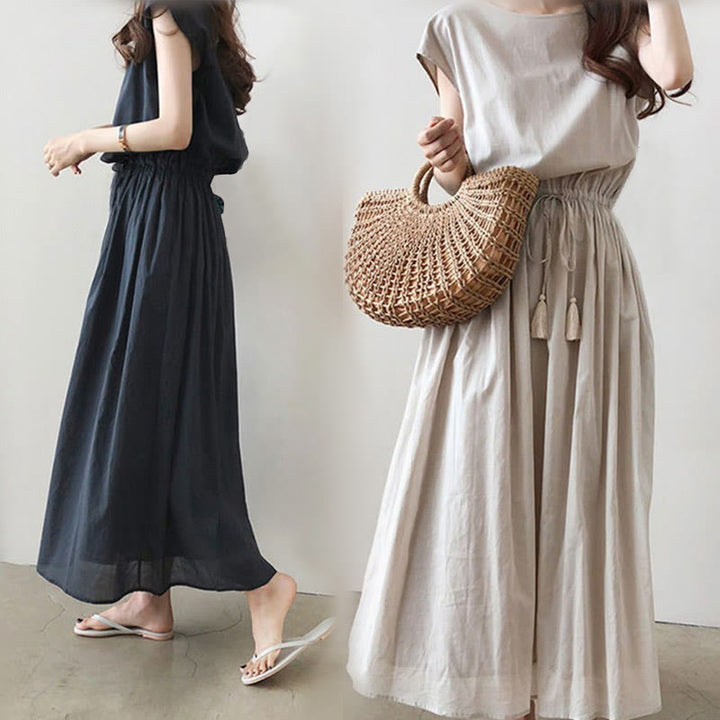 Buddha Stones Casual Eastic Waist Drawstring Design Short Sleeve Cotton Linen Midi Dress