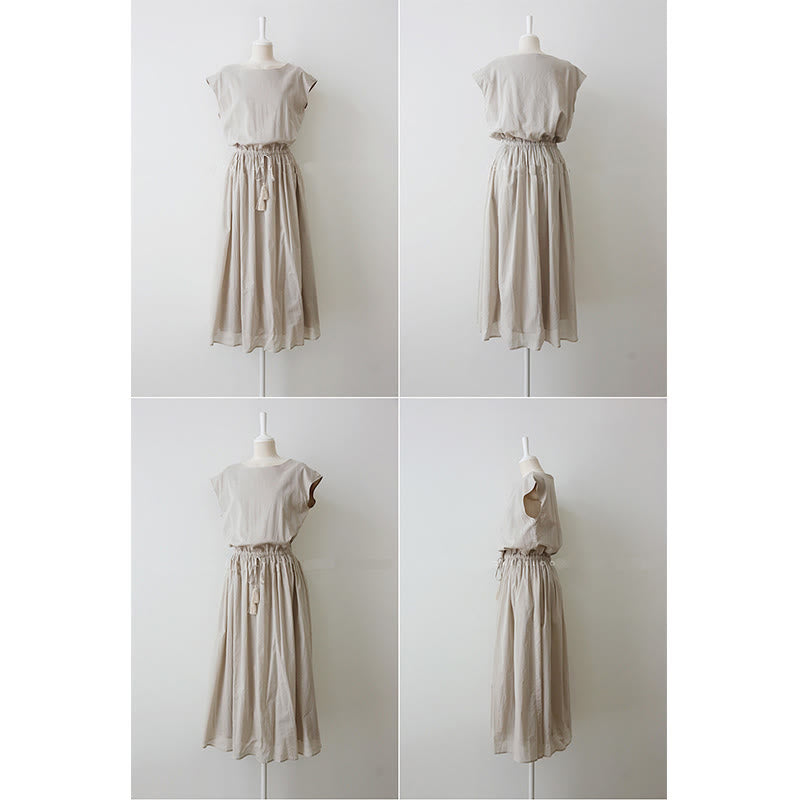 Buddha Stones Casual Eastic Waist Drawstring Design Short Sleeve Cotton Linen Midi Dress