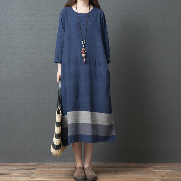 Buddha Stones Casual Stripes Long Sleeve Cotton Linen Midi Dress With pockets