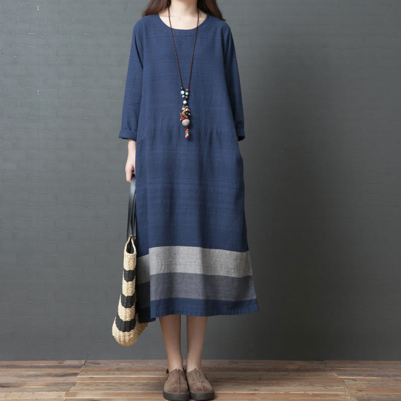 Buddha Stones Casual Stripes Long Sleeve Cotton Linen Midi Dress With pockets - SteelBlue - US8-10，UK/AU12-14，EU40-42 (2XL) - image 0