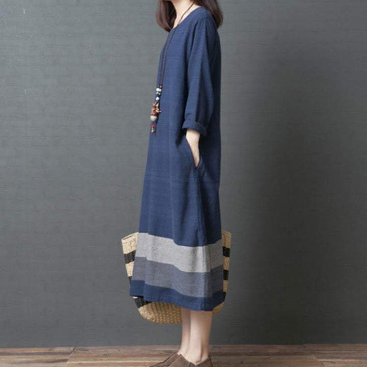 Buddha Stones Casual Stripes Long Sleeve Cotton Linen Midi Dress With pockets