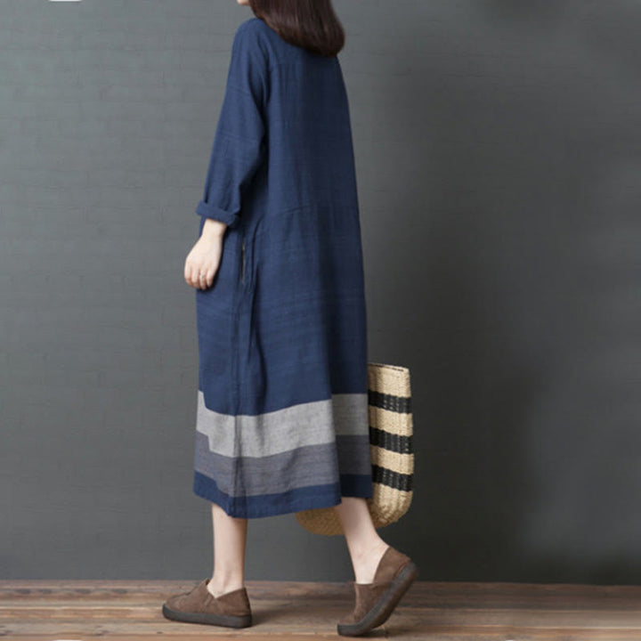 Buddha Stones Casual Stripes Long Sleeve Cotton Linen Midi Dress With pockets