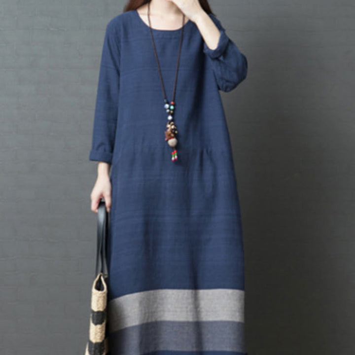 Buddha Stones Casual Stripes Long Sleeve Cotton Linen Midi Dress With pockets - image 8