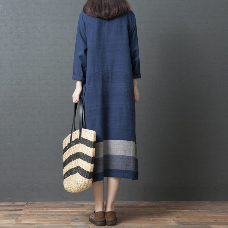 Buddha Stones Casual Stripes Long Sleeve Cotton Linen Midi Dress With pockets - image 1