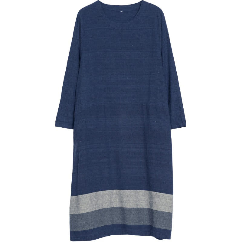 Buddha Stones Casual Stripes Long Sleeve Cotton Linen Midi Dress With pockets