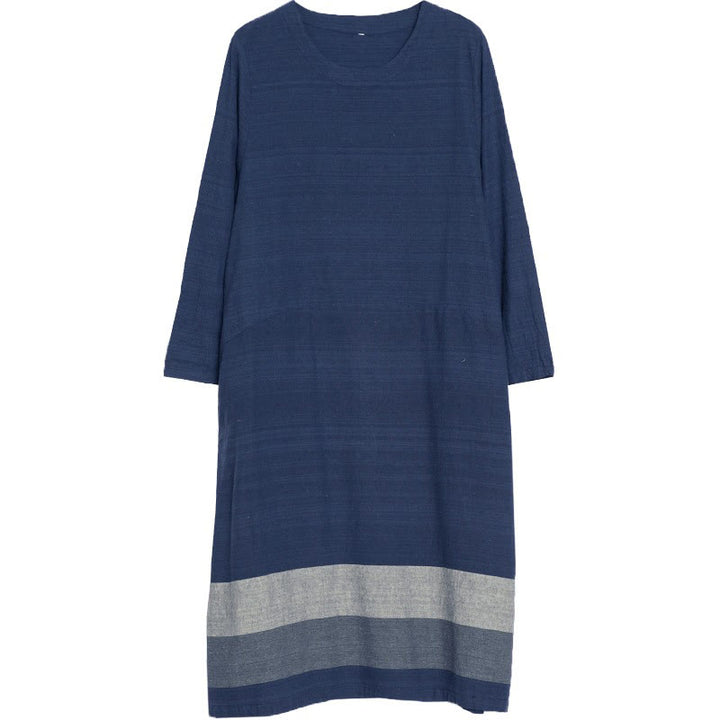 Buddha Stones Casual Stripes Long Sleeve Cotton Linen Midi Dress With pockets