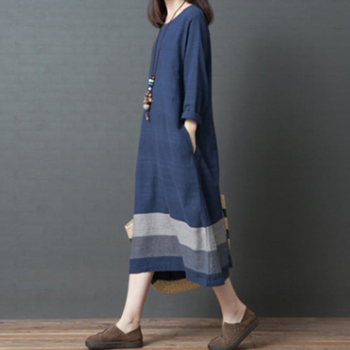 Buddha Stones Casual Stripes Long Sleeve Cotton Linen Midi Dress With pockets
