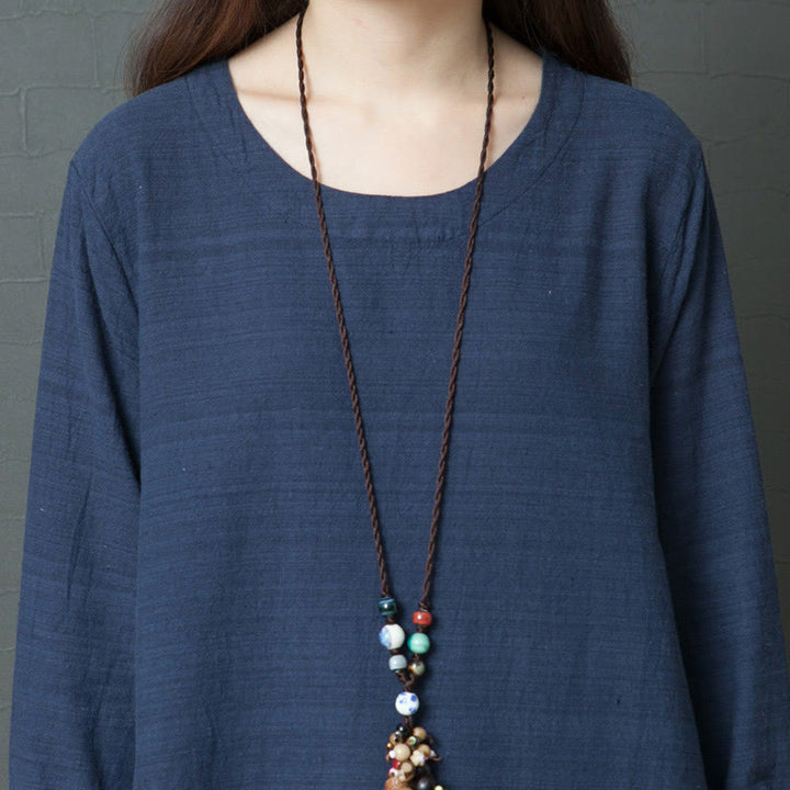 Buddha Stones Casual Stripes Long Sleeve Cotton Linen Midi Dress With pockets