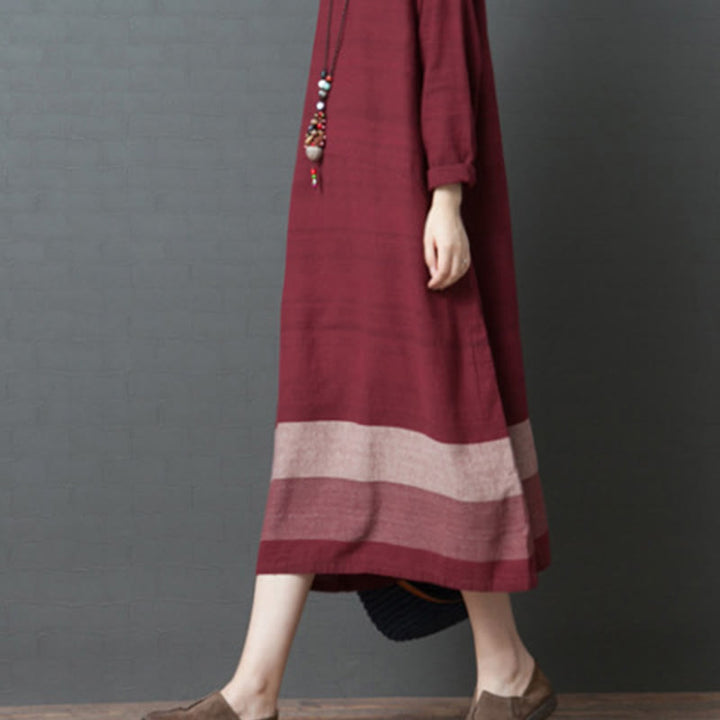 Buddha Stones Casual Stripes Long Sleeve Cotton Linen Midi Dress With pockets