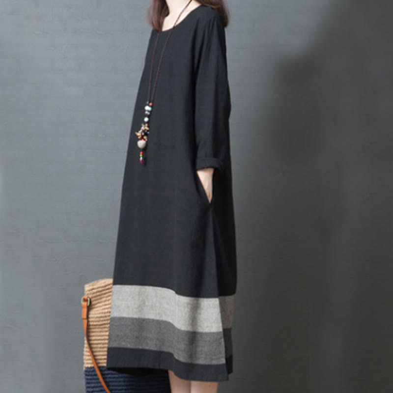 Buddha Stones Casual Stripes Long Sleeve Cotton Linen Midi Dress With pockets - image 15