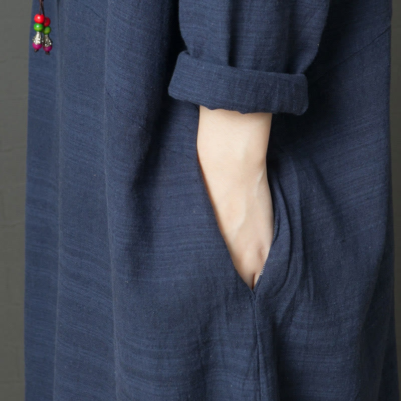 Buddha Stones Casual Stripes Long Sleeve Cotton Linen Midi Dress With pockets