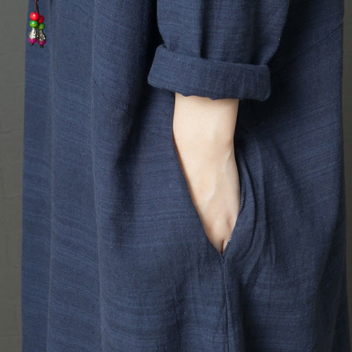 Buddha Stones Casual Stripes Long Sleeve Cotton Linen Midi Dress With pockets