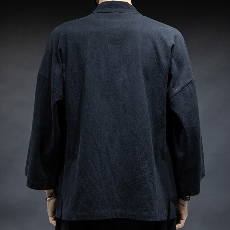 Buddha Stones Solid Color Lace-up Open Front Jacket Cotton Men's Kimono - image 7