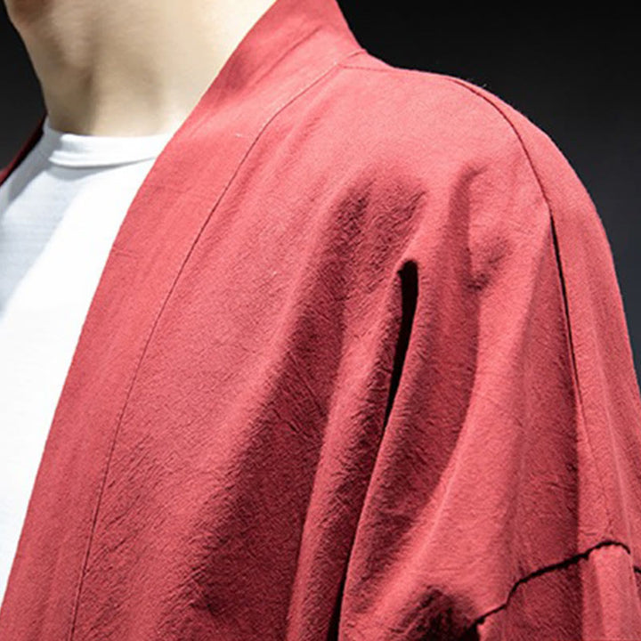 Buddha Stones Solid Color Lace-up Open Front Jacket Cotton Men's Kimono