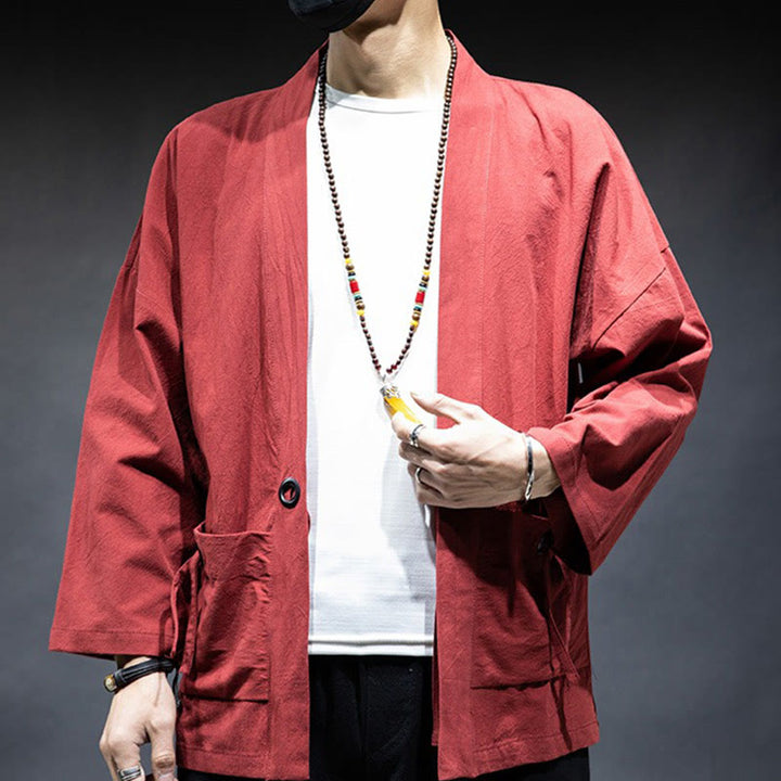 Buddha Stones Solid Color Lace-up Open Front Jacket Cotton Men's Kimono - image 17