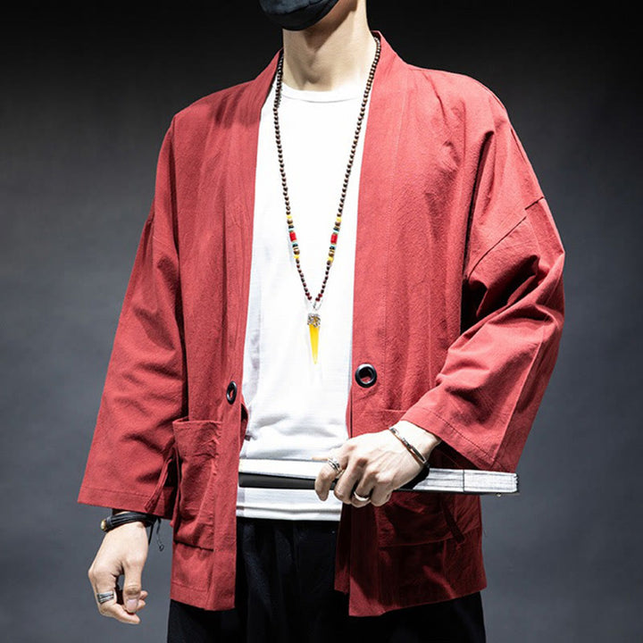 Buddha Stones Solid Color Lace-up Open Front Jacket Cotton Men's Kimono - image 18