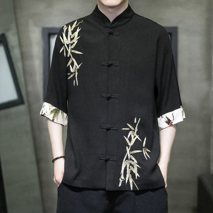 Buddha Stones Men's Frog-Button Bamboo Linen Half Sleeve Shirt - Black - US/UK/AU42，EU52 (3XL) - image 2