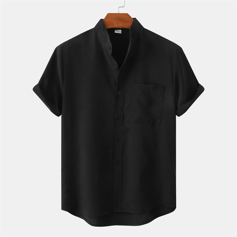 Buddha Stones Summer Men's Button Plain Short Sleeve Cotton Linen Shirt With Pocket