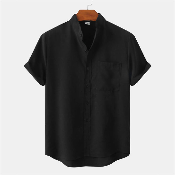 Buddha Stones Summer Men's Button Plain Short Sleeve Cotton Linen Shirt With Pocket