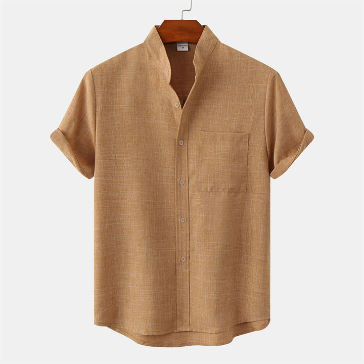 Buddha Stones Summer Men's Button Plain Short Sleeve Cotton Linen Shirt With Pocket