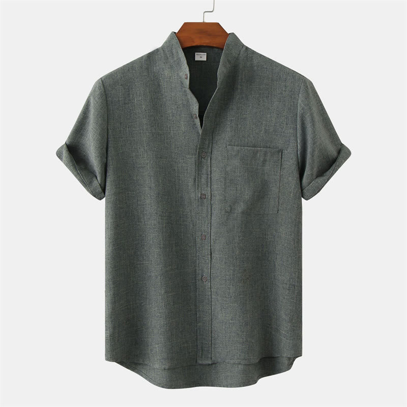 Buddha Stones Summer Men's Button Plain Short Sleeve Cotton Linen Shirt With Pocket