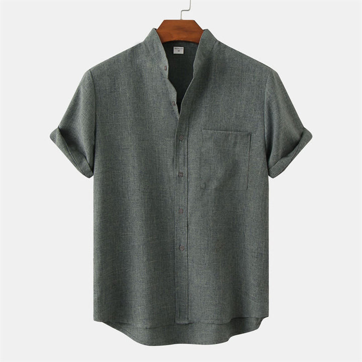 Buddha Stones Summer Men's Button Plain Short Sleeve Cotton Linen Shirt With Pocket