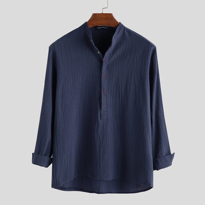 Buddha Stones Solid Color Half Buttons Long Sleeve Cotton Men's Shirts - SteelBlue - US/UK/AU42，EU52 (3XL) - image 4
