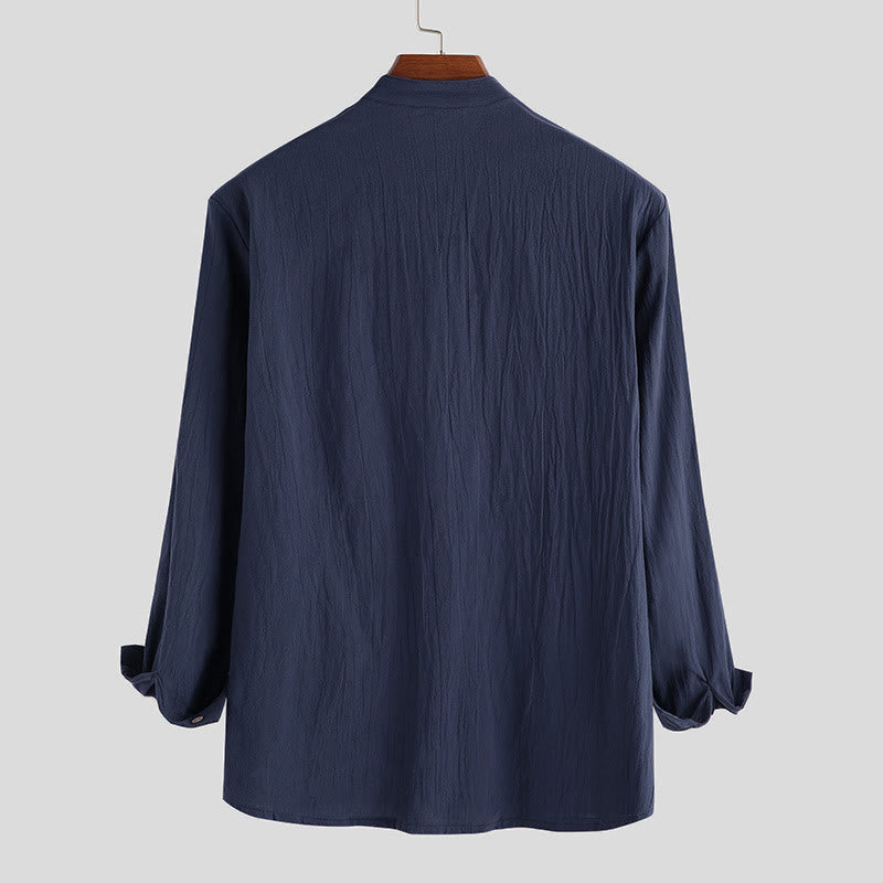 Buddha Stones Solid Color Half Buttons Long Sleeve Cotton Men's Shirts - image 5