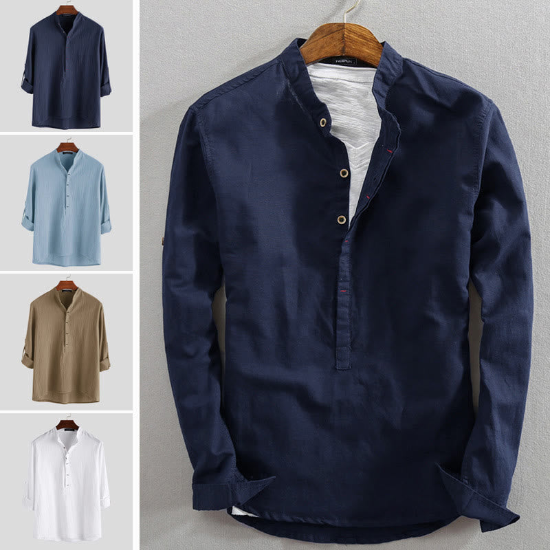 Buddha Stones Solid Color Half Buttons Long Sleeve Cotton Men's Shirts - image 6