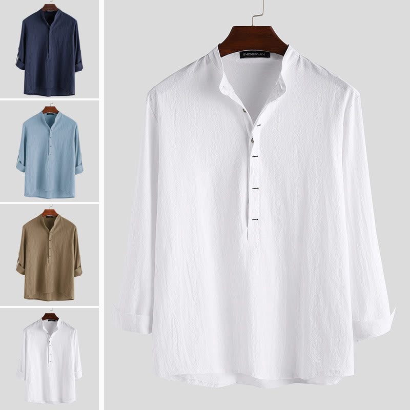 Buddha Stones Solid Color Half Buttons Long Sleeve Cotton Men's Shirts - image 1