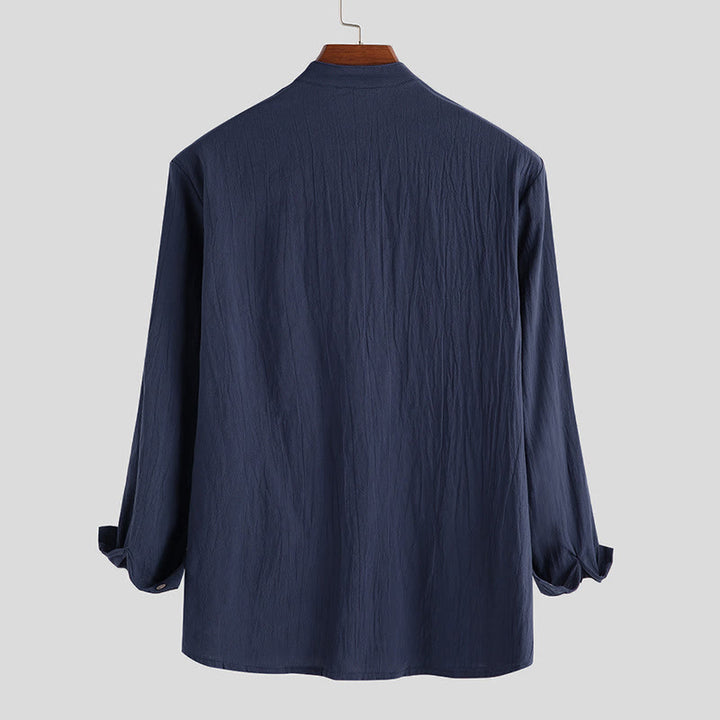 Buddha Stones Solid Color Half Buttons Long Sleeve Cotton Linen Men's Shirts - image 5