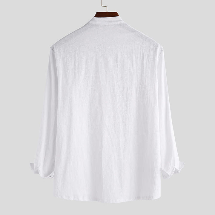 Buddha Stones Solid Color Half Buttons Long Sleeve Cotton Linen Men's Shirts - image 2