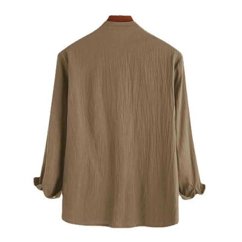 Buddha Stones Solid Color Half Buttons Long Sleeve Cotton Men's Shirts - image 8