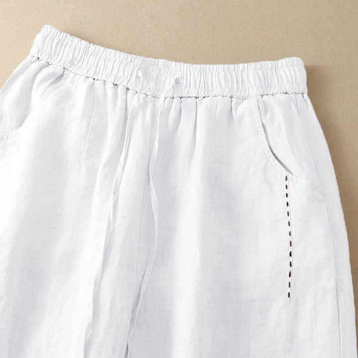 Buddha Stones Summer Casual Plain Color Embroidery Drawstring Cotton Linen Women's Wide Leg Pants With Pockets - image 17