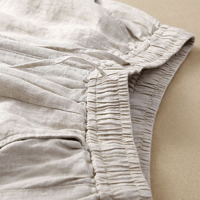 Buddha Stones Summer Casual Plain Color Embroidery Drawstring Cotton Linen Women's Wide Leg Pants With Pockets - image 3