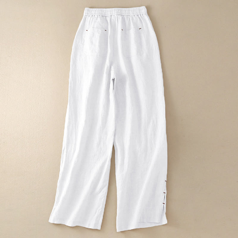 Buddha Stones Summer Casual Plain Color Embroidery Drawstring Cotton Linen Women's Wide Leg Pants With Pockets - image 16