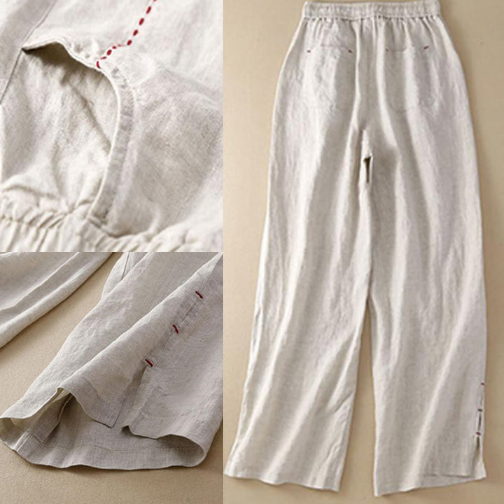 Buddha Stones Summer Casual Plain Color Embroidery Drawstring Cotton Linen Women's Wide Leg Pants With Pockets - image 12