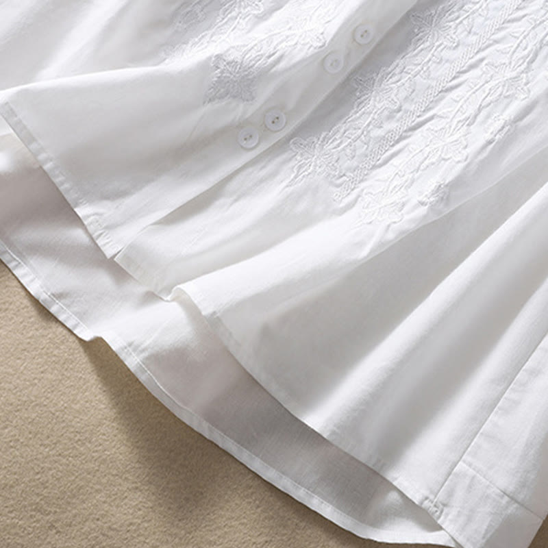 Buddha Stones Summer Plain Button Embroidery Flower Pattern Three Quarter Sleeve Lapel Cotton Linen Women's Shirt - image 12