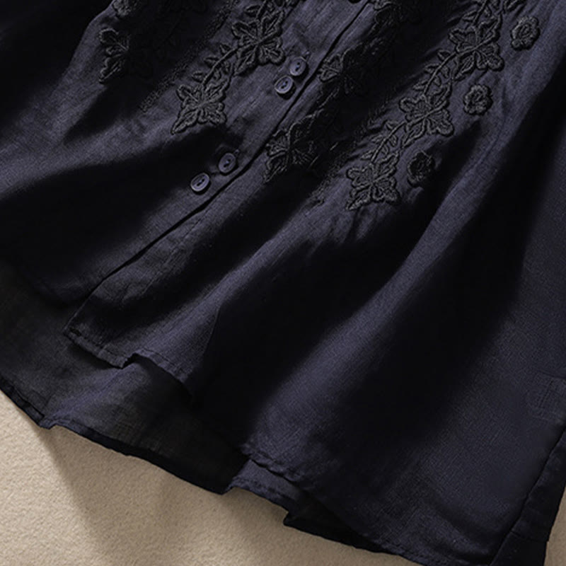 Buddha Stones Summer Plain Button Embroidery Flower Pattern Three Quarter Sleeve Lapel Cotton Linen Women's Shirt - image 31