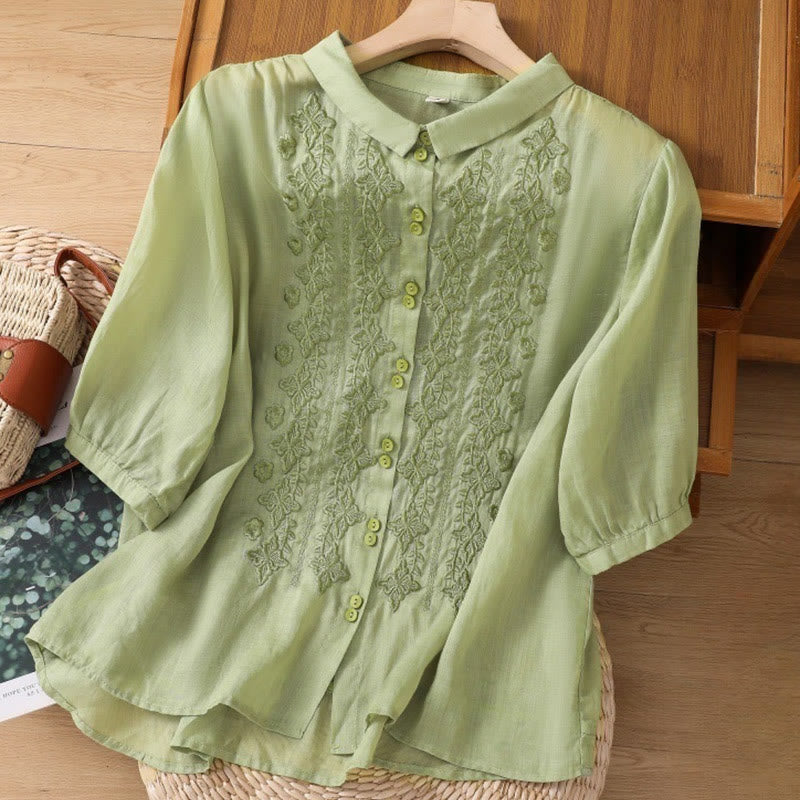 Buddha Stones Summer Plain Button Embroidery Flower Pattern Three Quarter Sleeve Lapel Cotton Linen Women's Shirt - image 1