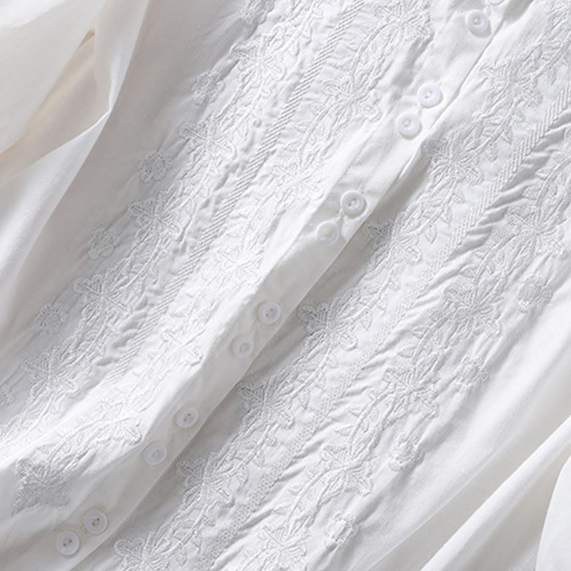 Buddha Stones Summer Plain Button Embroidery Flower Pattern Three Quarter Sleeve Lapel Cotton Linen Women's Shirt - image 10